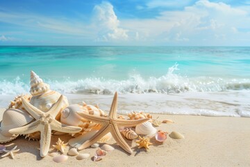 A beach scene with a starfish and shells on the sand