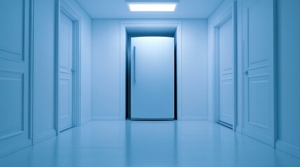 Poster - A white refrigerator in a hallway with light shining through, AI