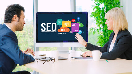 Poster - seo search engine optimization for modish e-commerce and online retail business showing on computer 