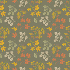 Wall Mural - Retro wallpaper art with autumn leaves. Fall seamless pattern with rowan, maple and oak. Hand drawn vintage graphics with repetitive illustration on dark background.