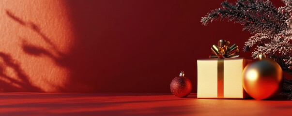 Wall Mural - A minimalist red Christmas gift box with a glittery ribbon, adorned with shiny gold ornaments,  set on a red background, 3D rendering