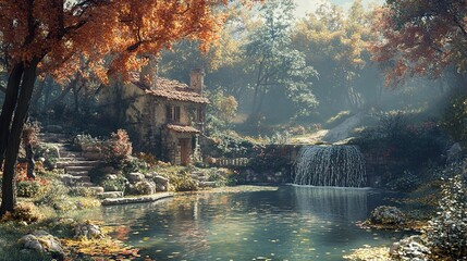 Poster - Enchanted Cottage by the Waterfall: Autumn Landscape