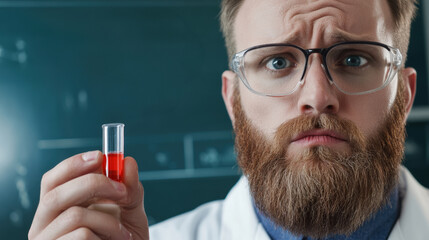 Wall Mural - A man in a lab coat holding up an empty test tube, AI