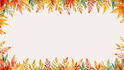 Beige autumn watercolor background with a frame of leaves. Beautiful background with decorations. Copy space.