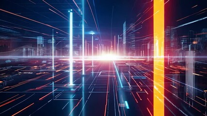 Poster - Light expands in a digital cityscape with skyscrapers, revealing data and information. Perfect for topics about technology, big data and the future