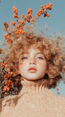 Poster - A young girl with curly hair standing in front of a tree