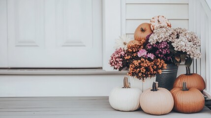 Canvas Print - A bunch of pumpkins and flowers on a porch