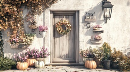 Poster - A front door of a house with pumpkins and flowers