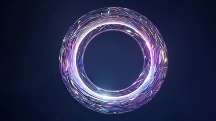 Poster - Luminous ring with a polygonal surface rotates slowly, emitting shimmering particles against a dark blue background, creating a captivating and dynamic visual effect