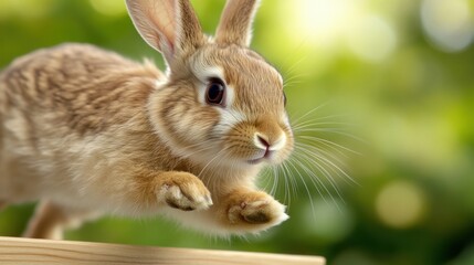 Canvas Print - A small rabbit is running on a wooden surface with green trees in the background, AI