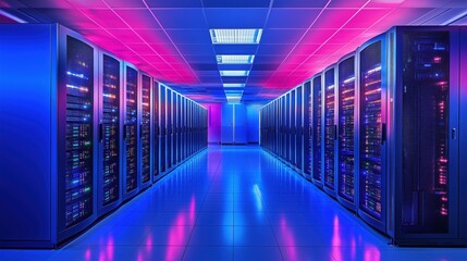 Poster - Data center with illuminated server racks and vibrant colors