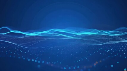 Poster - Blue particles create a dynamic wave, forming an abstract background. A digital wave flows across a computer screen, showcasing modern technology and vibrant energy