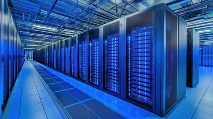 Poster - Data center with illuminated server racks and blue lighting