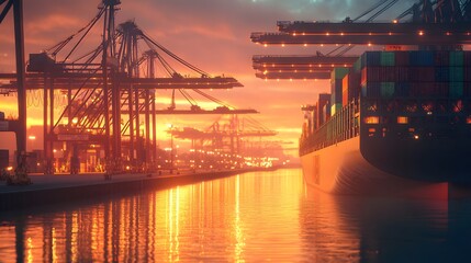 A large container ship docked at the port, carrying cargo from various countries