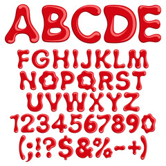 Aufkleber - Font, letters numbers and symbols of blood for halloween. Isolated vector objects on white background.