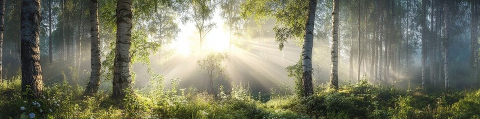 In the early morning light, sunlight is streaming through the woods at Ponorama, an early morning myst