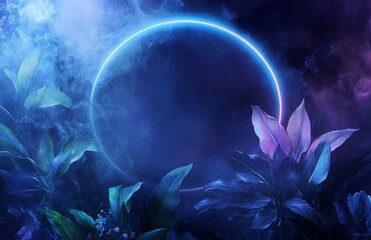 Poster - An empty room with brick walls and neon lights. Silhouettes of tropical leaves, smoke in a rainbow of colors.