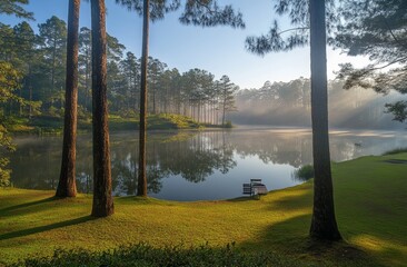 Wall Mural - A beautiful view of a pine forest and reservoir with trees in the foreground.