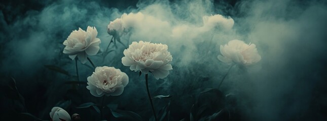 The dark vintage photo shows a bouquet of red peonies on a black background with floral decorations. The image has an old-fashioned baroque style. This image can be used as wallpaper or as a greeting