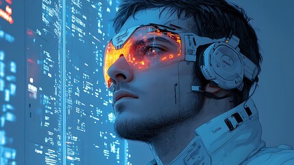 Canvas Print - Cyberpunk futuristic man with glowing eyes, futuristic glasses and headset, looking at a digital screen.