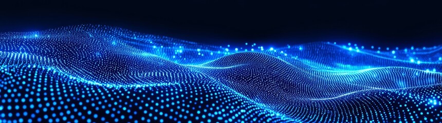 Poster - An abstract modern illustration showing a digital 3D wave moving on a futuristic dark background with blue particles. It demonstrates the concept of big data in cyberspace.