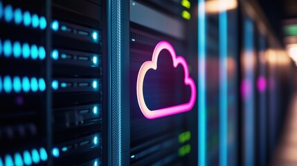 Poster - Cloud storage technology in data center, illuminated servers