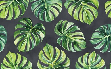 Design of large tropical leaves wallpaper. Watercolor effect. Green monochrome. Wall mural.