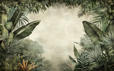 Back yard, landscape, mural art design with tropical plants, Jungle background, large leaf and bird.