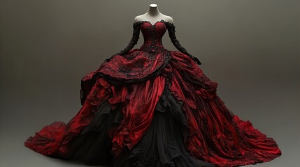 Red and Black Gothic Victorian Dress with Lace and Ruffles