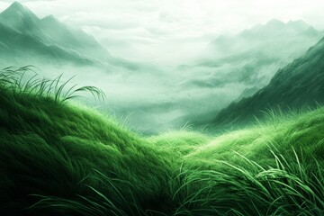 Wall Mural - A green landscape background illustration design with hills and mountains in an organic environment.