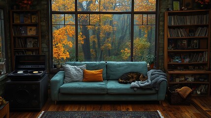 Poster - Cozy living room with couch, cat, bookshelves, and window view of autumn trees