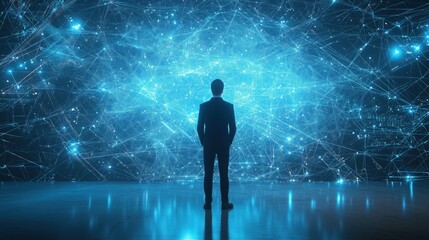Poster - Man in suit observing digital network visualization