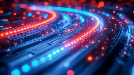 Poster - High-tech glowing network cables in motion, showcasing intricate details of modern data connections
