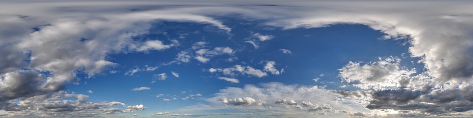Wall Mural - blue evening sky hdri 360 panorama with storm clouds before sunset with zenith for use in 3d graphic