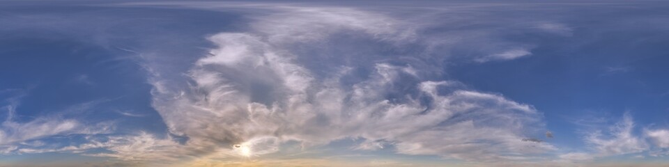 Wall Mural - blue evening sky hdri 360 panorama with clouds before sunset with zenith for use in 3d graphics as s