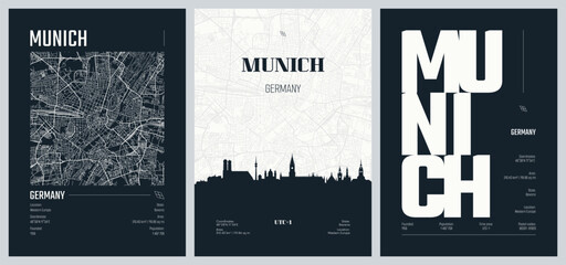 Wall Mural - Set of travel posters with Munich, detailed urban street plan city map, Silhouette city skyline, vector artwork, set 2