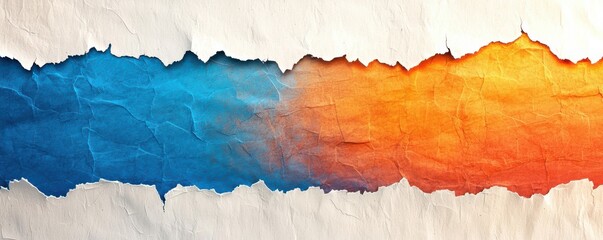 Wall Mural - Torn textured paper with vibrant blue and orange gradient creating an artistic abstract background