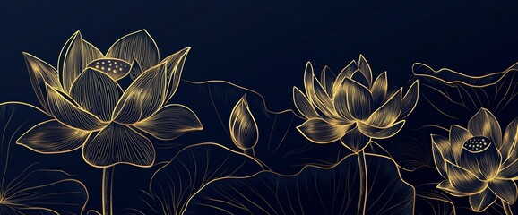 Poster - Lotus line arts design for fabric, prints and background texture, luxury wallpaper with golden lotus and natural background.