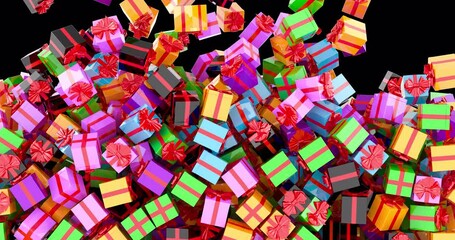 Poster - falling gift boxes fill the screen. colored gift boxes with red ribbon on transparent background, 3d