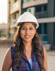 hispanic woman with white hard hat on in front of building. Security engineer