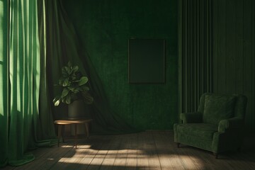 Poster - In the living room, a green wall is complemented by a green sofa and green armchair.