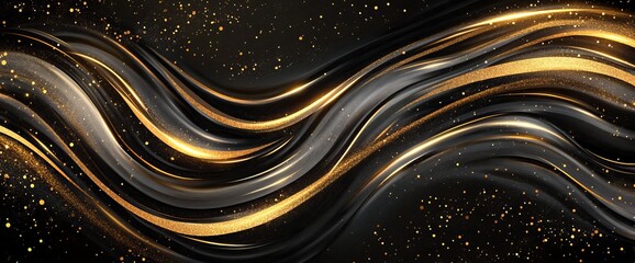 Wall Mural - The design of abstract art is a gold, yellow wave or curve line pattern on a dark, black background. It is an illustration of luxury, modern graphic design of gold metal for wall art.