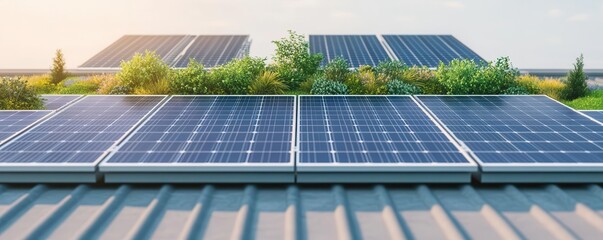 A rooftop garden thriving next to solar panels in an eco-friendly building focus on   Nature and technology working in harmony   whimsical   Fusion   Rooftop backdrop