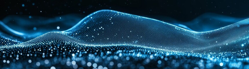 Poster - Moving digital 3D wave. Futuristic dark background with dynamic blue particles. Big data concept. Cyberspace. Modern illustration.