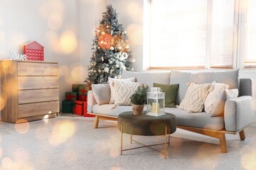 Sticker - Interior of light living room with Christmas tree and sofa