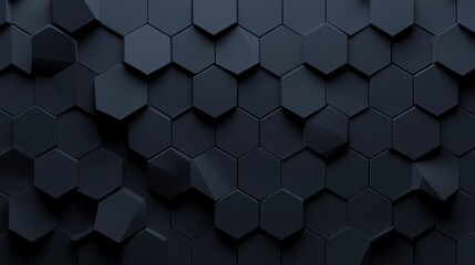 A wall of black mosaic tiles formed by hexagonal, 3D bricks stacking to create a semigloss block background. 3D rendered.