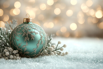 Sparkling teal green Christmas ball with a pattern on pine branches, white berries, creating a wintry, festive atmosphere. golden bokeh lights, snow-covered ground. magical, frosty. New year greeting