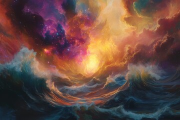 Wall Mural - an abstract graphic design, a glossy galaxy rising from an ocean planet, dynamic lighting, and a wal