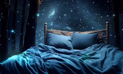 Wall Mural - a bed with a blue comforter and pillows in front of a night sky full of stars