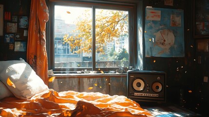 Sticker - Cozy Bedroom Interior with Autumn Leaves Falling Through Window